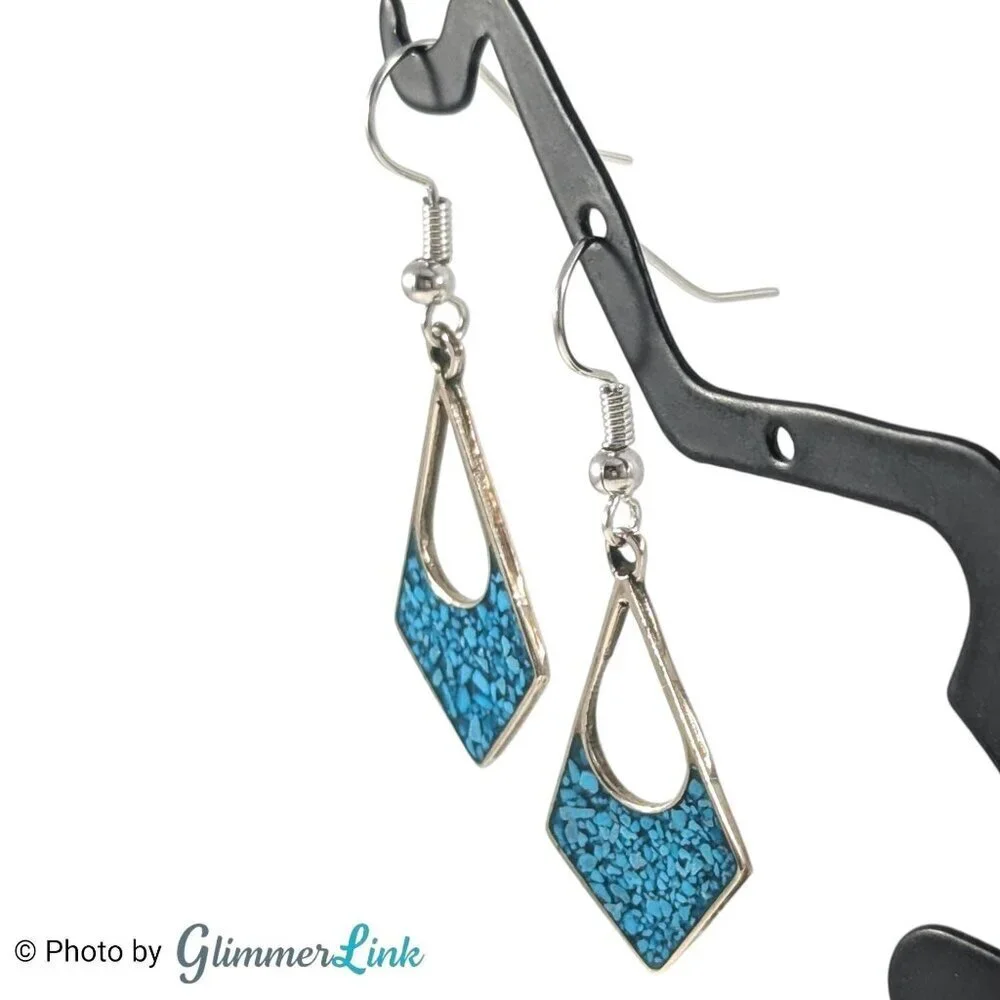 Vintage Mexican Alpaca Diamond Shape Blue Inlay Silver Tone Pierced Earrings